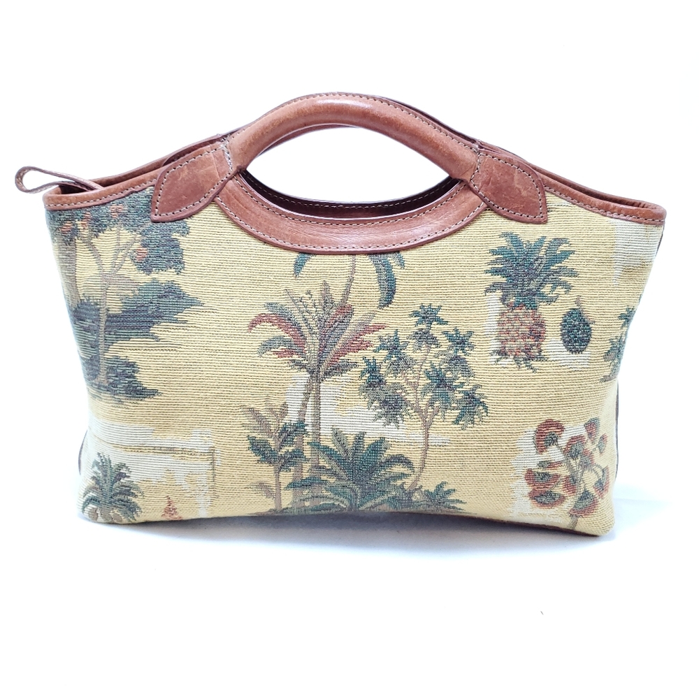 Vintage Tommy Bahama Beige Tropical Tapestry Satchel with Brown Leather Trim